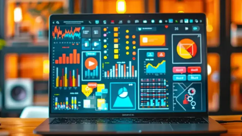 a vibrant collage of engaging social media posts and colorful infographics displayed on a laptop screen.