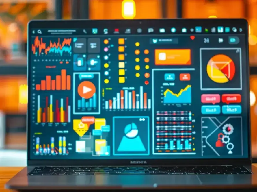 a vibrant collage of engaging social media posts and colorful infographics displayed on a laptop screen.