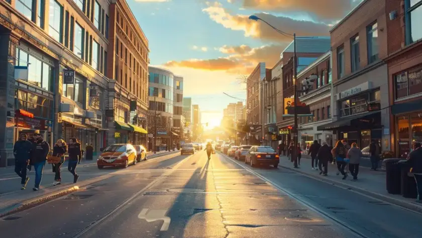 vibrant downtown street in manitoba bustling with small businesses' online promotions.