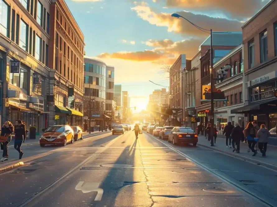 vibrant downtown street in manitoba bustling with small businesses' online promotions.