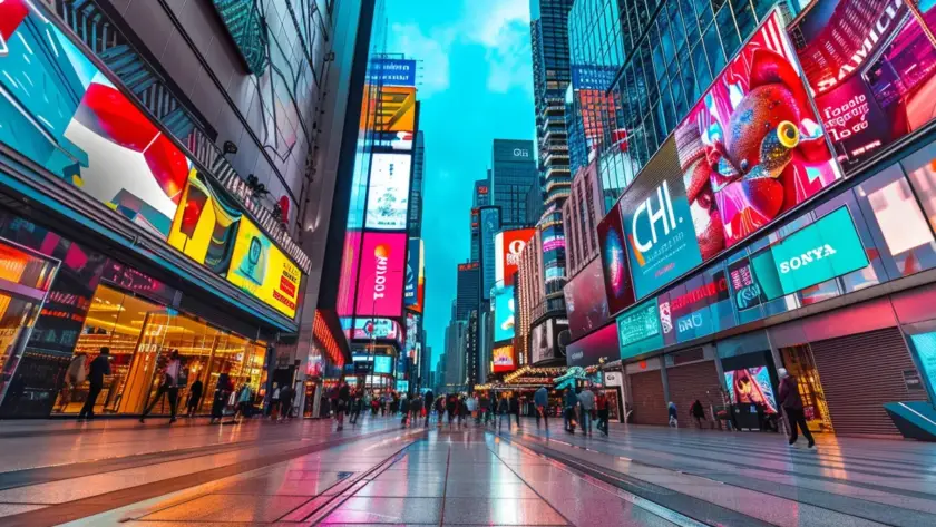 a vibrant and bustling city street lined with modern, eye-catching billboards advertising the latest marketing strategies for businesses in 2024.