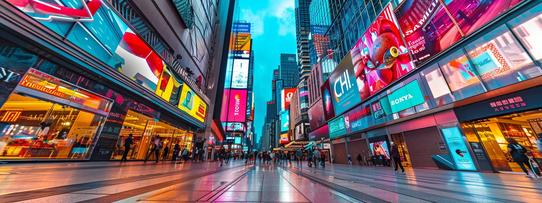 a vibrant and bustling city street lined with modern, eye-catching billboards advertising the latest marketing strategies for businesses in 2024.