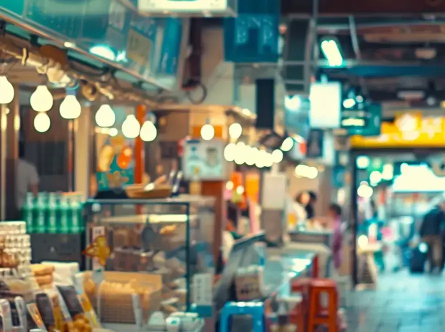 a bustling marketplace with vibrant signage showcasing how strategic marketing can transform small businesses into industry leaders.